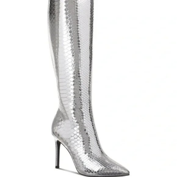 I.N.C. Rajel Snake Print Knee High Boots Silver Stiletto Heel $99 - Picture 1 of 3